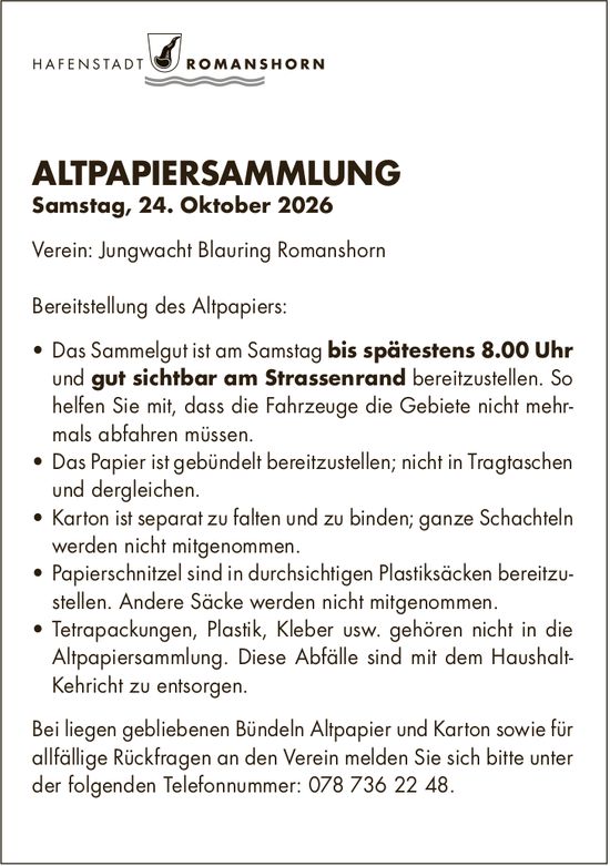 Gemeinde, HAFENSTADT ROMANSHORN, Altpapiersammlung - Samstag, 24. Oktober 2026