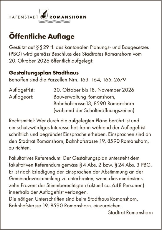 Gemeinde, HAFENSTADT ROMANSHORN, Gestaltungsplan Stadthaus