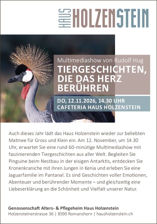 TIERGESCHICHTEN, DIE DAS HERZ BERÜHREN, 12. November, Cafeteria Haus Holzenstein, Romanshorn