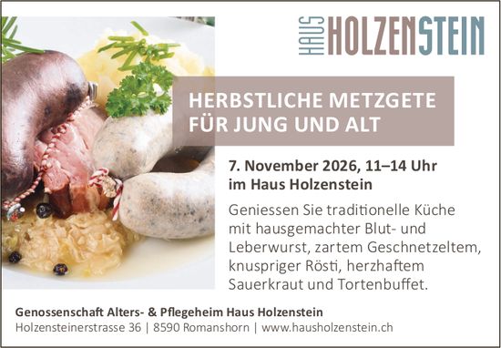 HERBSTLICHE METZGETE FÜR JUNG UND ALT, 7. November, Haus Holzenstein, Romanshorn