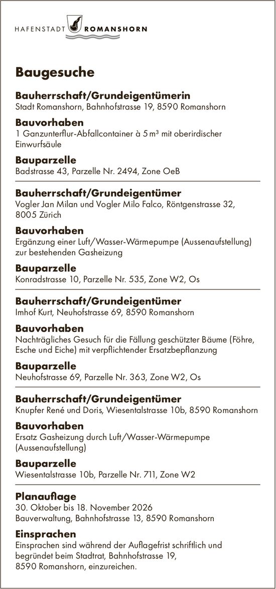 Baugesuche, 30. Oktober bis 18. November 2026, HAFENSTADT ROMANSHORN, Bauherrschaft/Grundeigentümerin