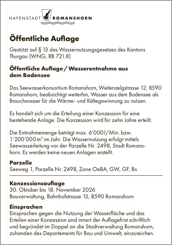 Gemeinde, HAFENSTADT ROMANSHORN, Öffentliche Auflage / Wasserentnahme aus dem Bodensee