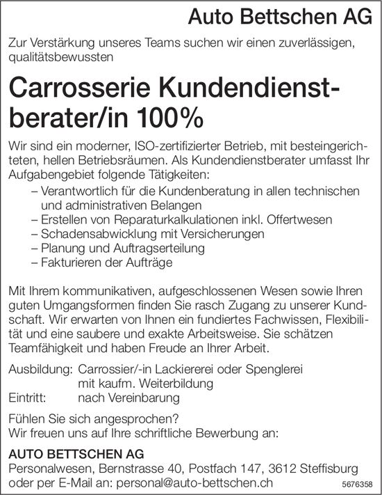 Carrosserie Kundendienstberater/in 100%, Auto Bettschen AG, Steffisburg, gesucht