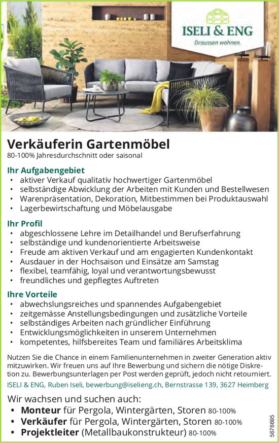 Verkäuferin Gartenmöbel 80-100% Jahresdurchschnitt oder saisonal, Iseli & Eng, Heimberg, gesucht