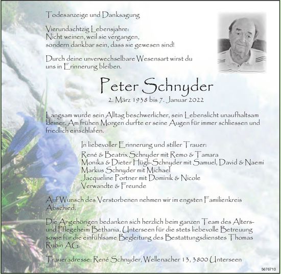 Schnyder Peter, im Januar 2022 / TA + DS