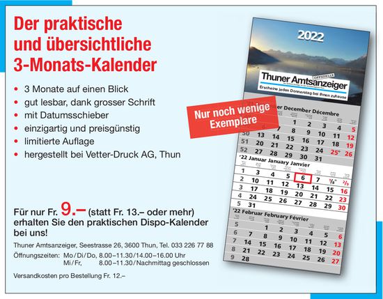 Thuner Amtsanzeiger - Der praktische und übersichtliche 3-Monats-Kalender