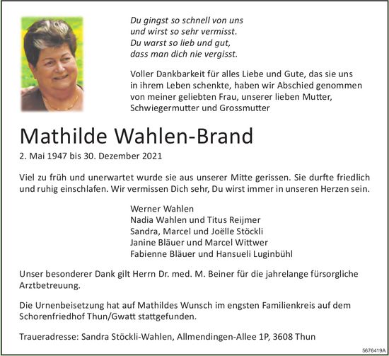 Wahlen-Brand Mathilde, Dezember 2021 / TA
