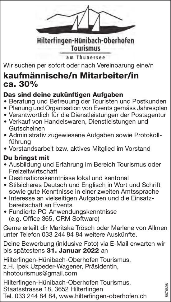 Kaufmännische/n Mitarbeiter/in ca. 30%, Hilterfingen-Hünibach-Oberhofen Tourismus, gesucht