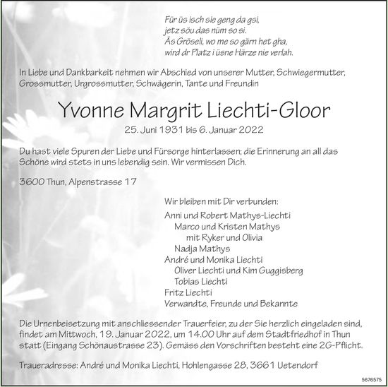 Liechti-Gloor Yvonne Margrit, Januar 2022 / TA