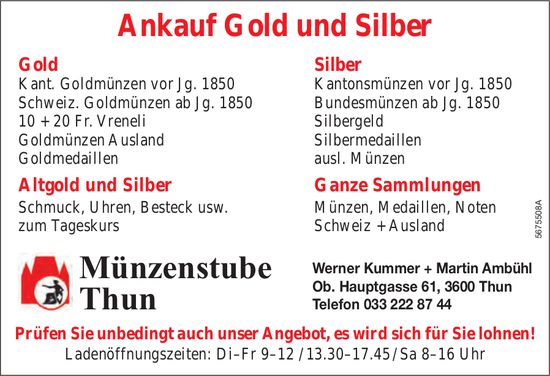 Münzenstube, Thun - Ankauf Gold und Silber