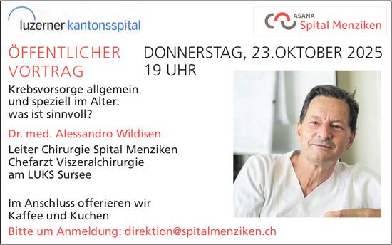 Öffentlicher Vortrag: Krebsvorsorge allgemein und speziell im Alter: was ist sinnvoll?, 23. Oktober