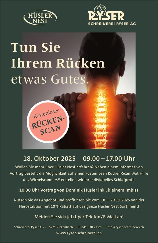 Kostenloser Rücken-Scan, 18. Oktober, Schreinerei Ryser AG