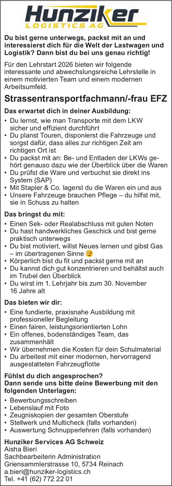 Strassentransportfachmann/-frau EFZ, Hunziker Services AG Schweiz, Reinach, Gesucht