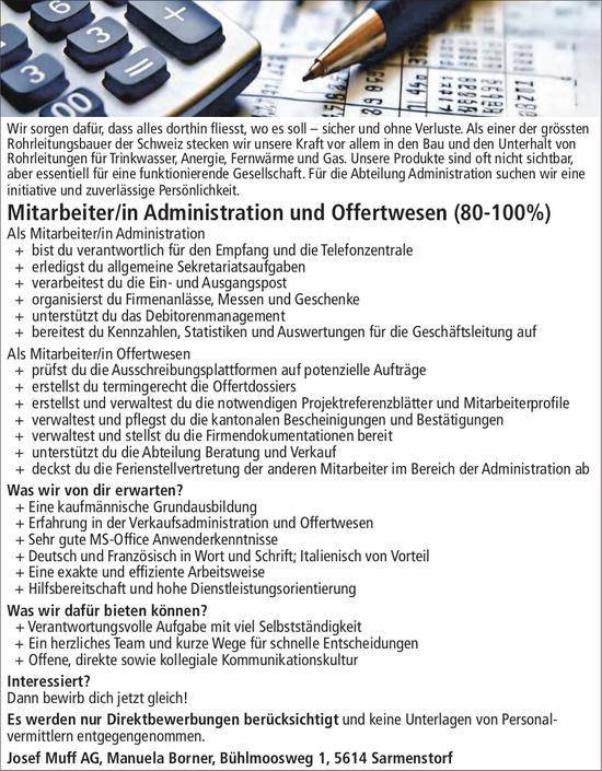 Mitarbeiter/in Administration und Offertwesen (80-100%), Josef Muff AG, Sarmenstorf, Gesucht