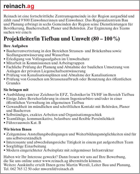 Projektleiter/in Tiefbau und Umwelt (80 – 100 %), Reinach AG, Gesucht