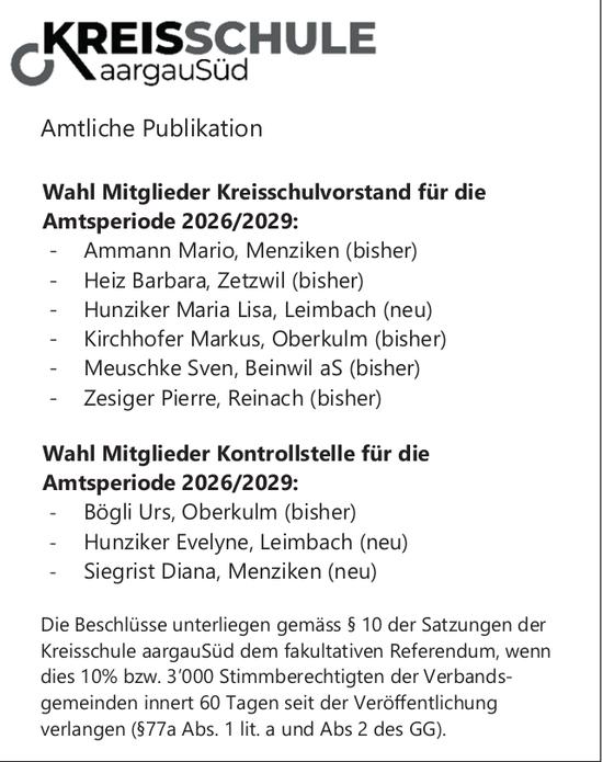 Sonstiges, Kreisschule aargauSüd, Wahl Mitglieder Kreisschulvorstand für die Amtsperiode 2026/2029