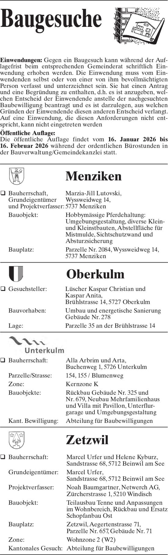Baugesuche, Menziken - Bauverwaltung/Gemeindekanzlei, Baugesuche