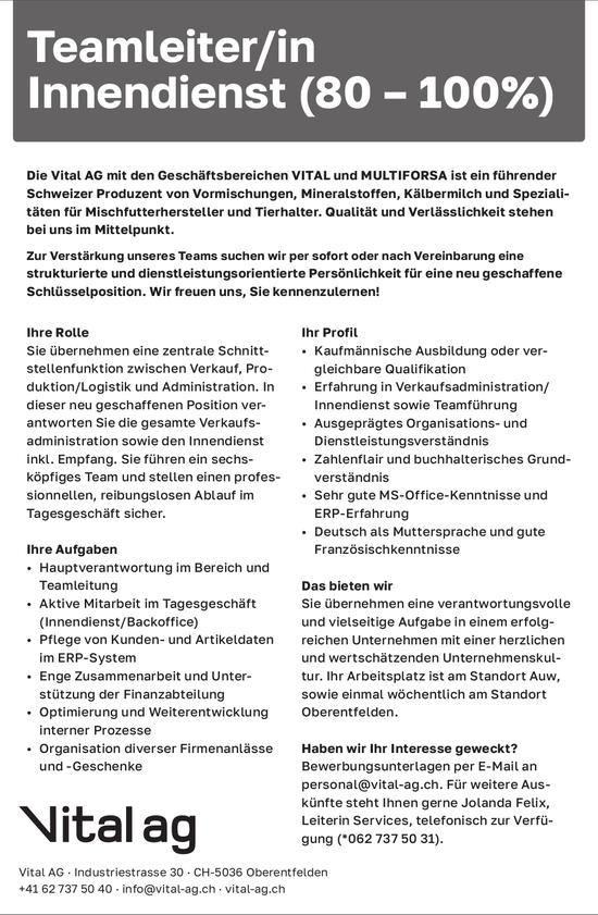 Teamleiter/in Innendienst (80 - 100%), Vital AG, Oberentfelden, Gesucht