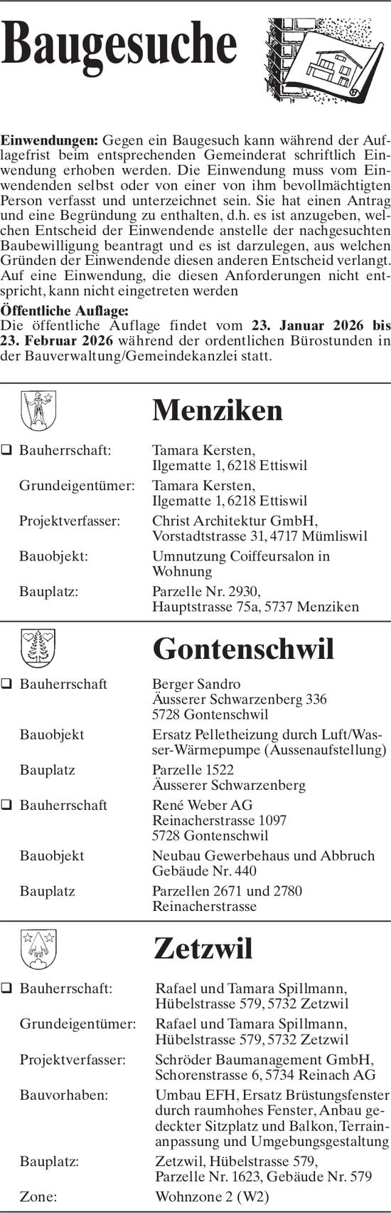 Baugesuche, Menziken - Gemeinde Menziken, Baugesuche