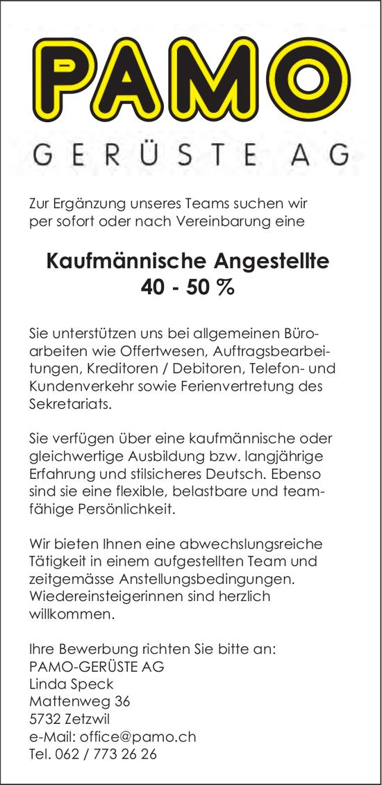 Kaufmännische Angestellte 40 - 50 %, PAMO-GERÜSTE AG, Zetzwil, Gesucht
