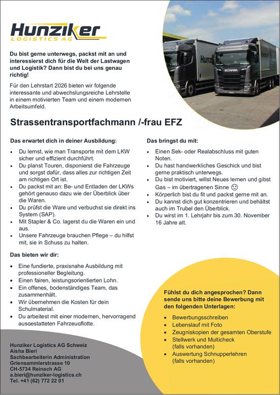 Strassentransportfachmann /-frau EFZ, Hunziker Logistics AG, Reinach AG, gesucht