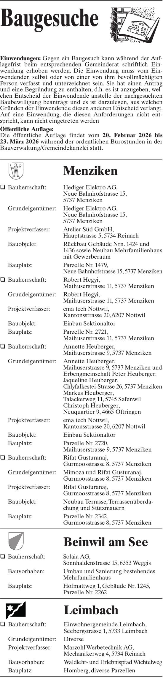 Baugesuche, Menziken/ Beinwil am See /Leimbach