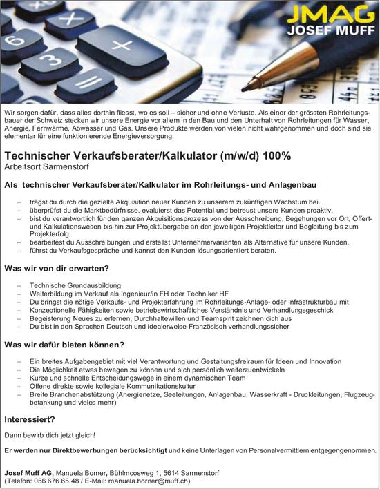 Technischer Verkaufsberater/Kalkulator (m/w/d) 100%, JMAG JOSEF MUFF, Sarmenstorf, Gesucht