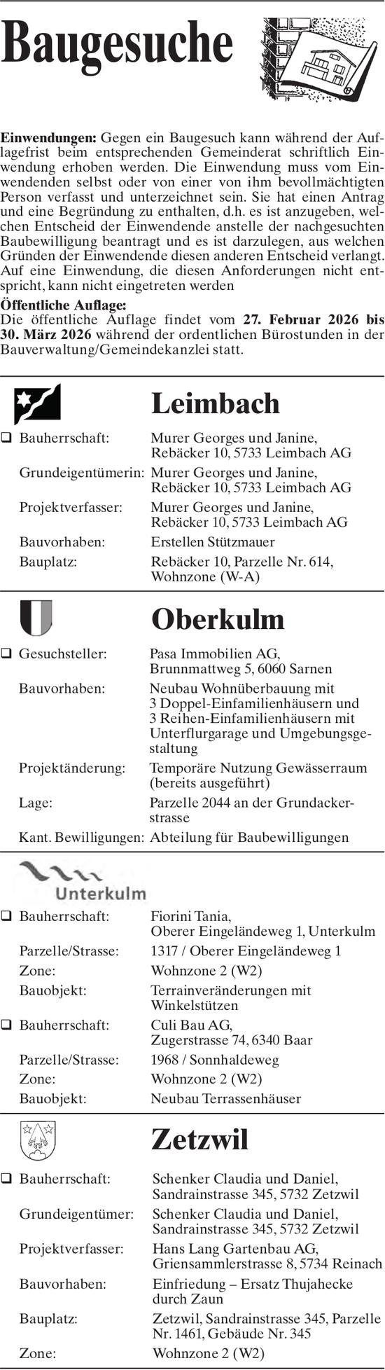 Baugesuche, Oberkulm, Leimbach,  Zetzwil