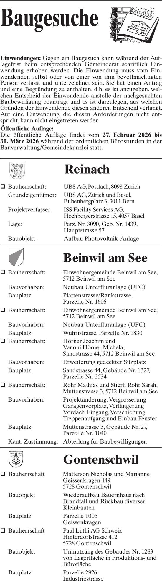 Baugesuche, Beinwil Am See - Einwohnergemeinde Beinwil am See