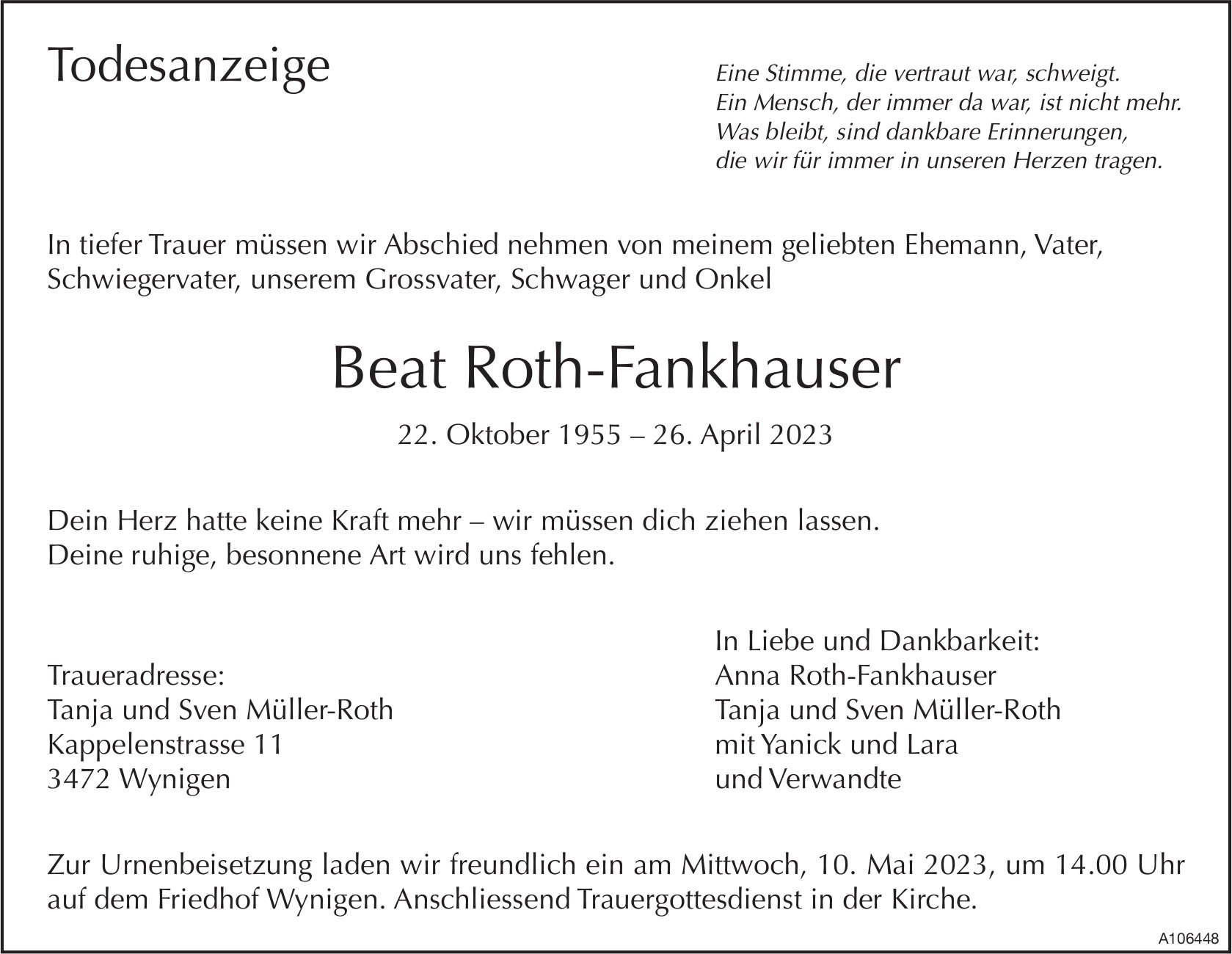 Beat Roth-Fankhauser, April 2023 / TA