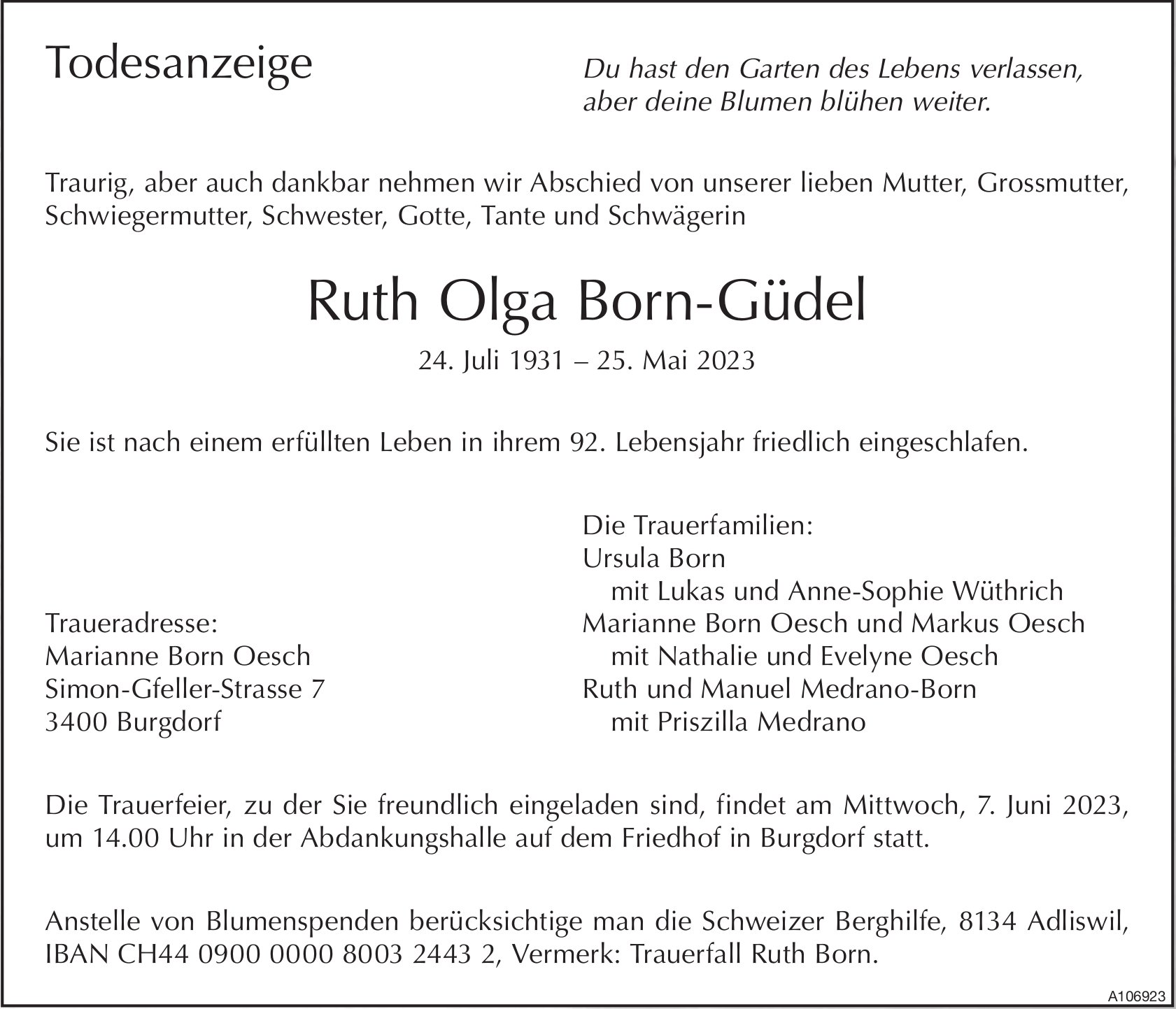 Ruth Olga Born-Güdel, Mai 2023 / TA