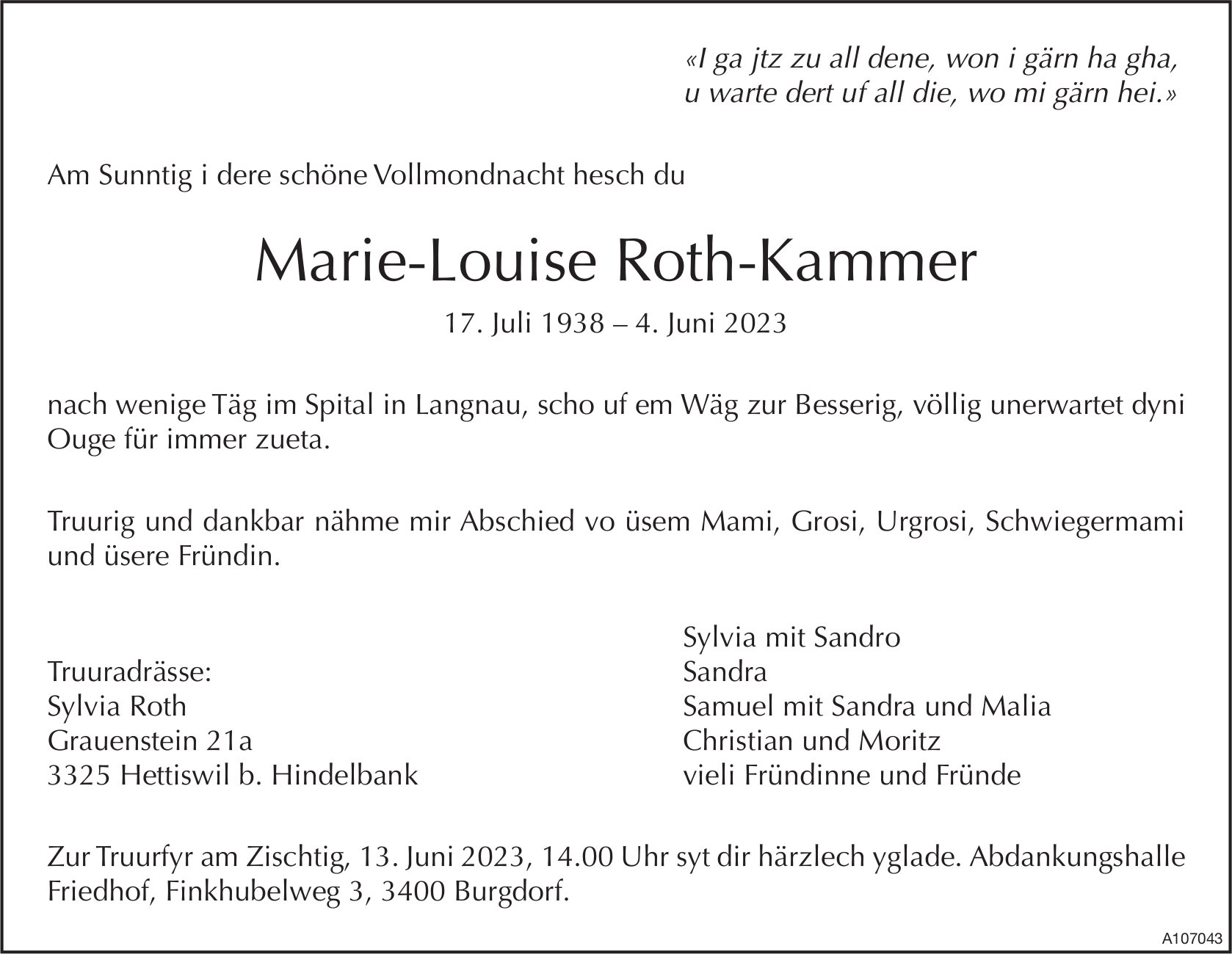 Marie-Louise Roth-Kammer, Juni 2023 / TA