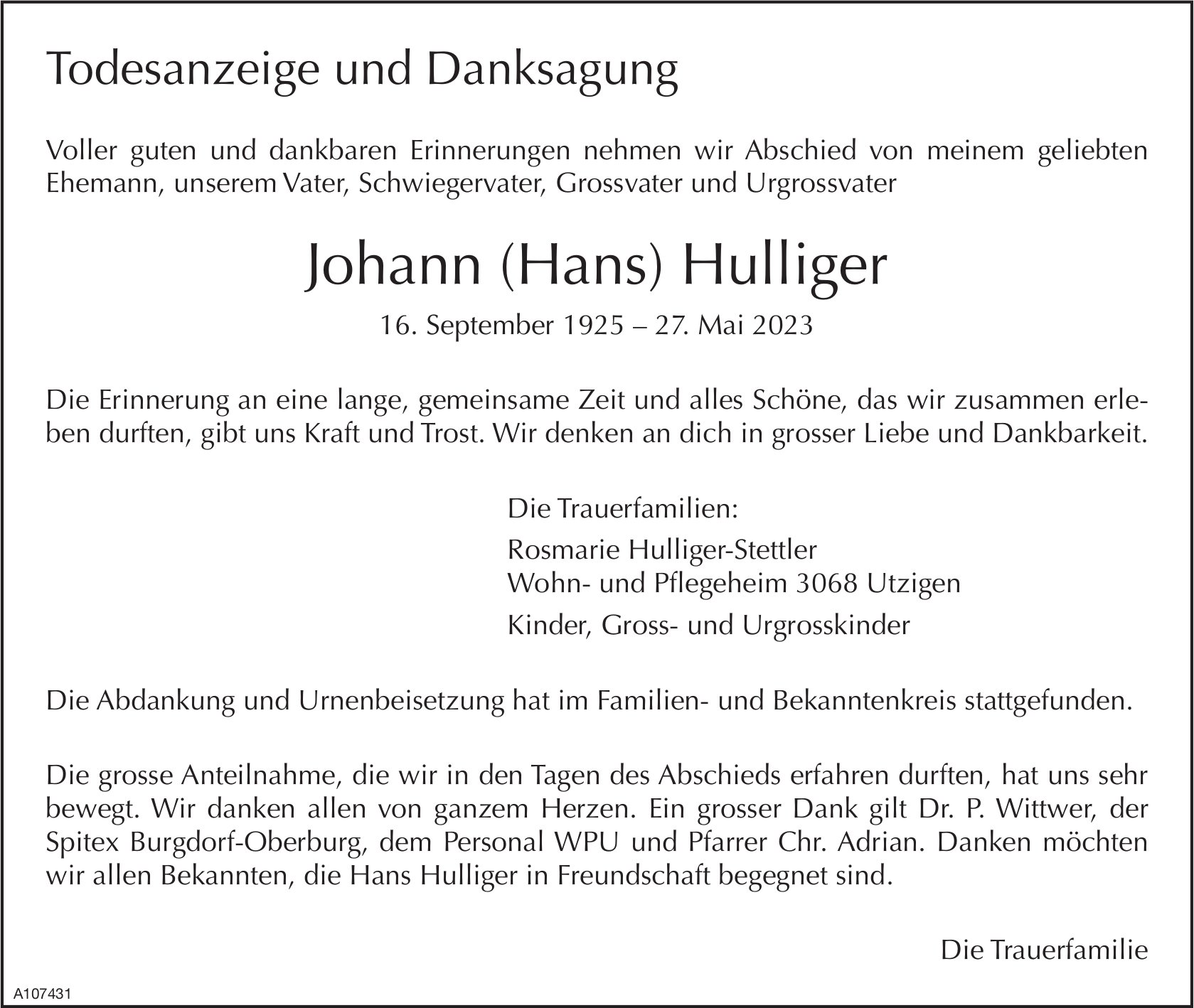 Johann (Hans) Hulliger, im Juli 2023 / TA + DS