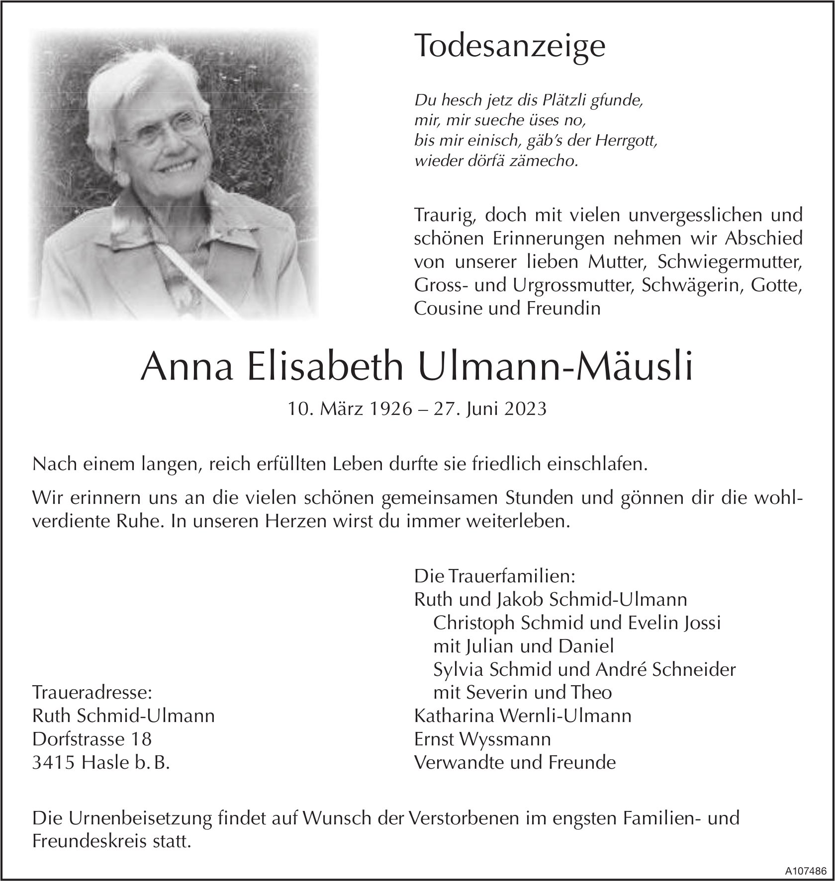 Anna Elisabeth Ulmann-Mäusli, Juni 2023 / TA