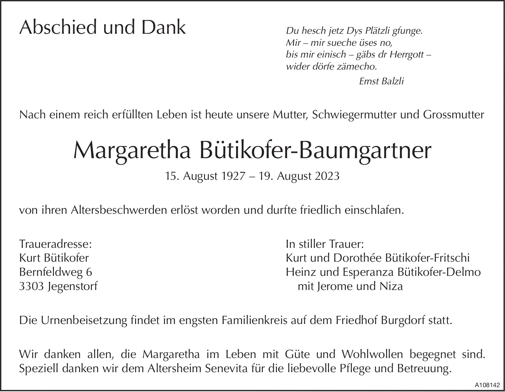 Bütikofer-Baumgartner Margaretha, im August 2023 / TA + DS
