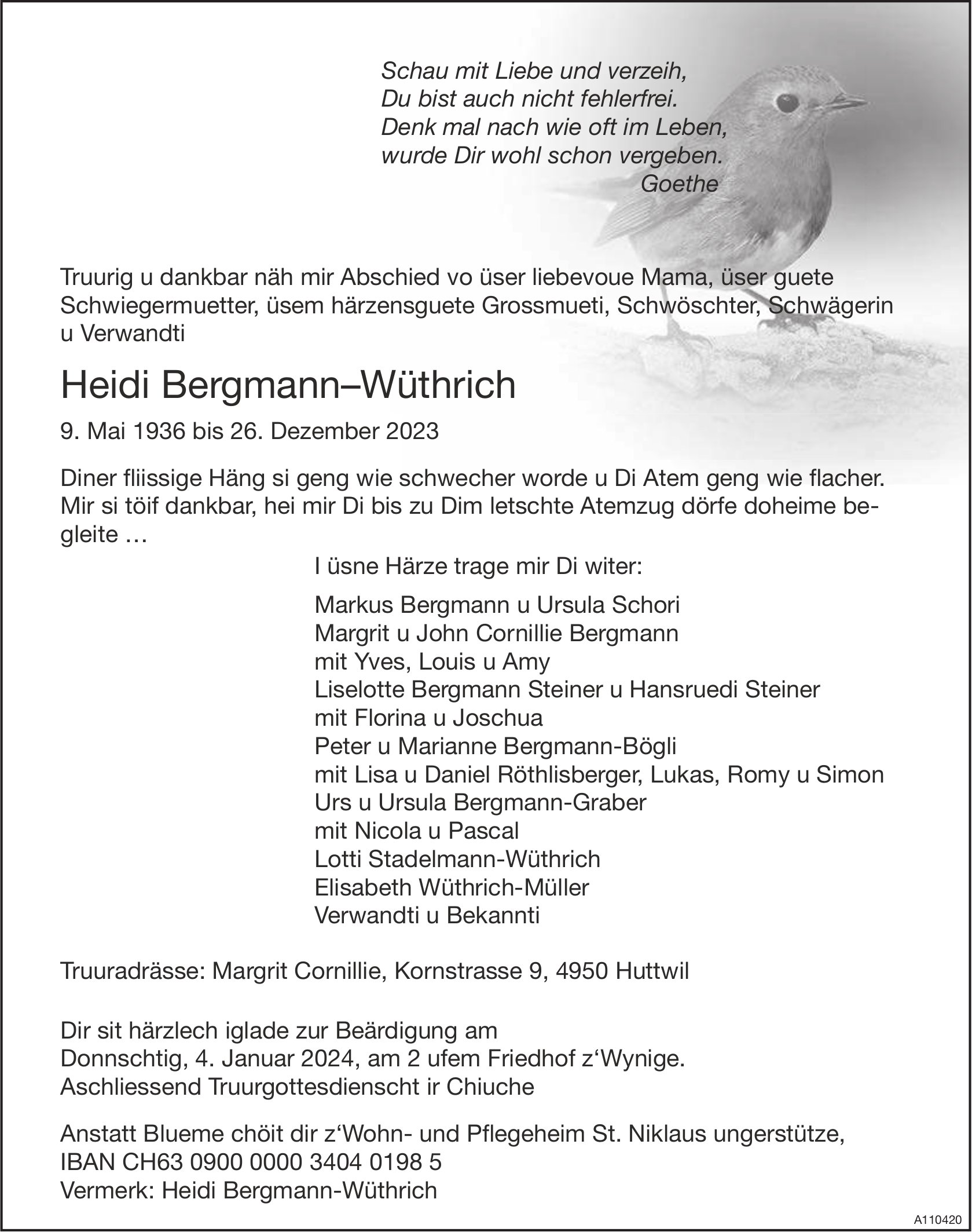 Heidi Bergmann–Wüthrich, Dezember 2023 / TA