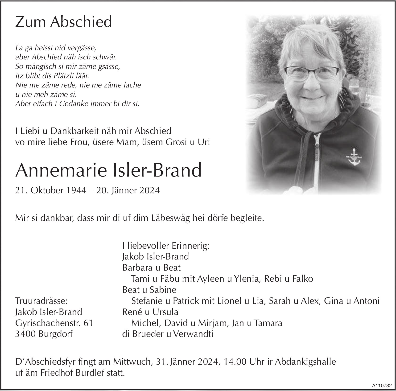 Annemarie Isler-Brand, Januar 2024 / TA