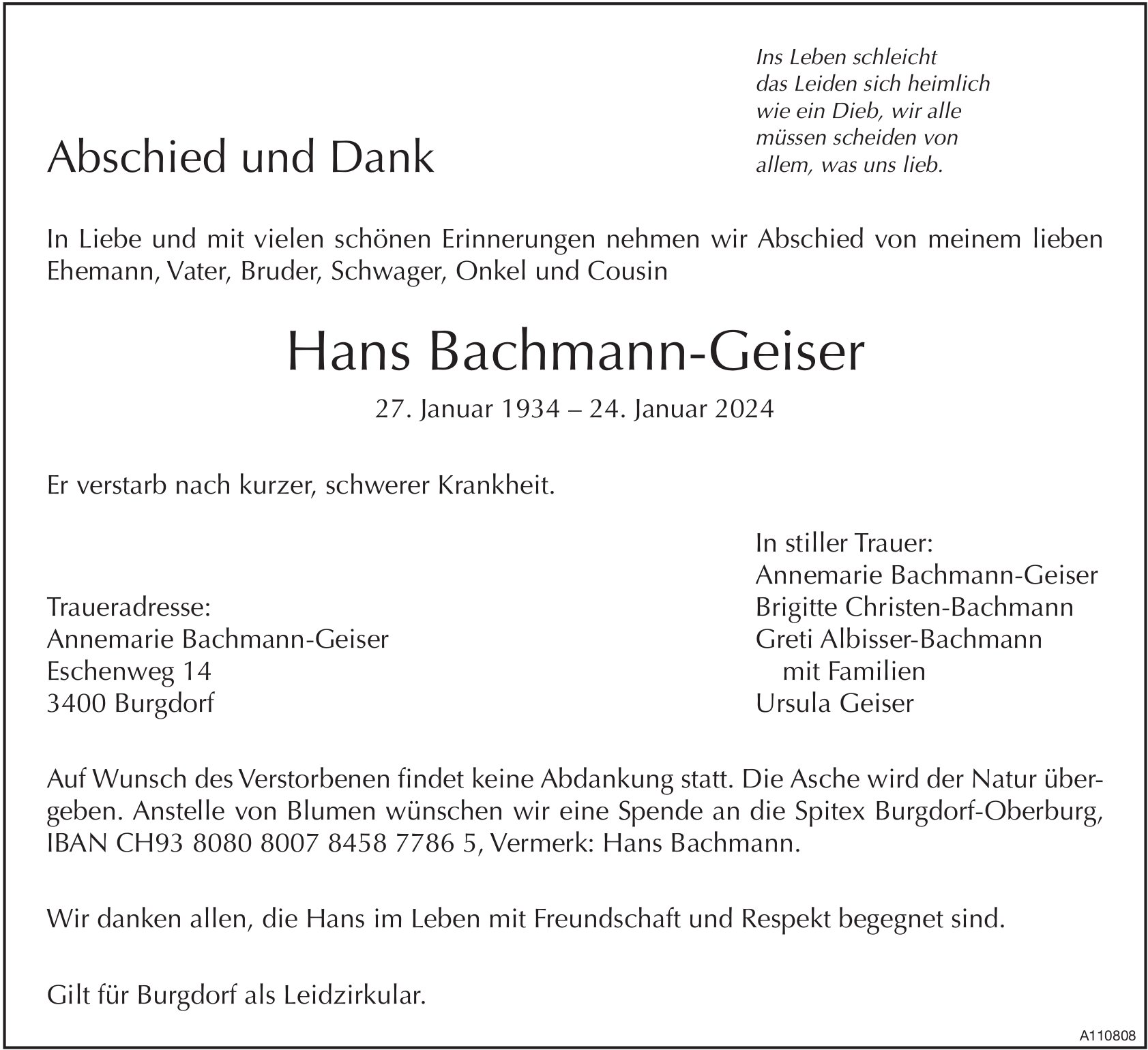 Hans Bachmann-Geiser, im Februar 2024 / TA + DS