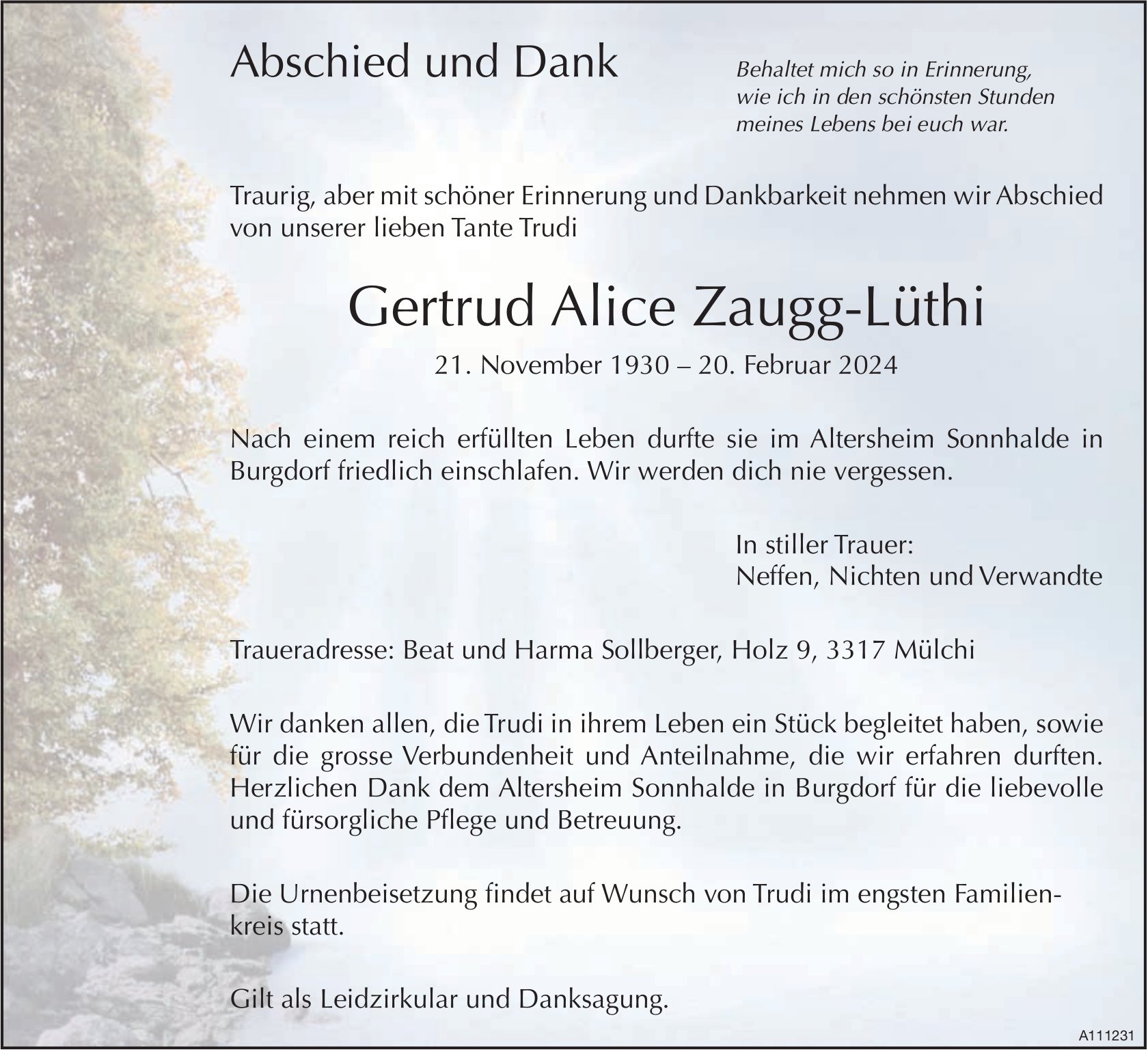 Gertrud Alice Zaugg-Lüthi, im Februar 2024 / TA + DS