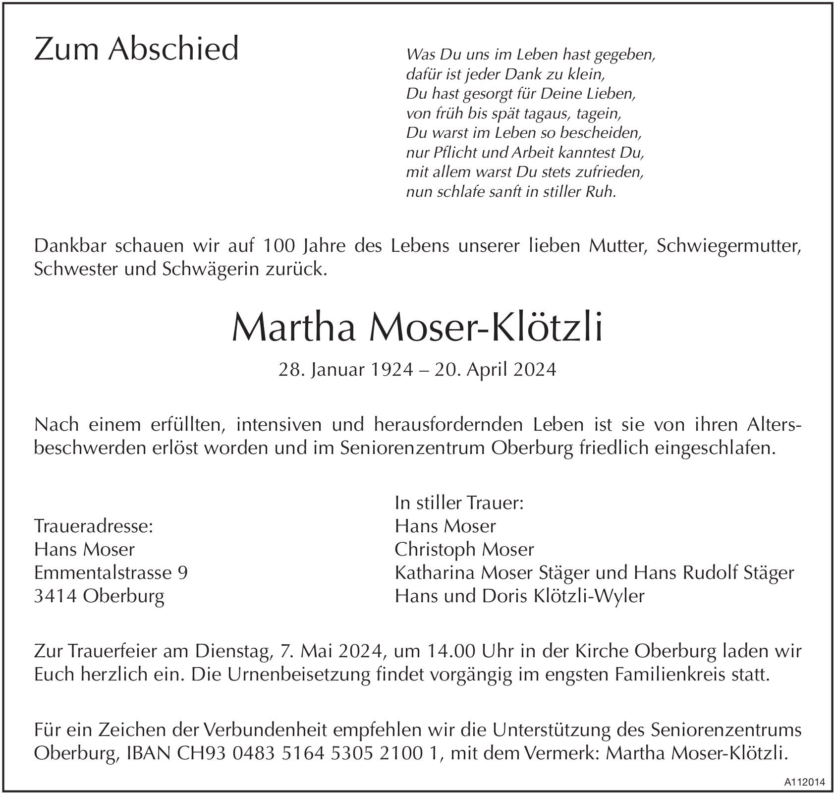 Martha Moser-Klötzli, April 2024 / TA