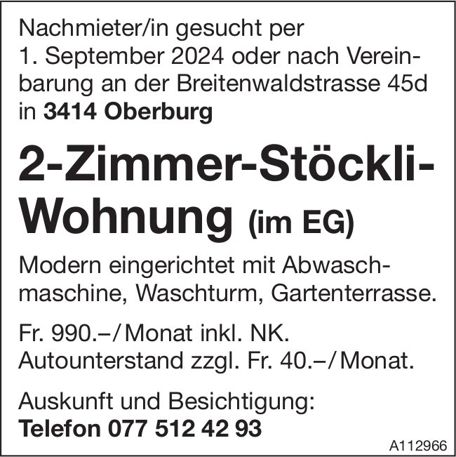 2-Zimmer-Stöckli-Wohnung (im EG), Oberburg, zu vermieten