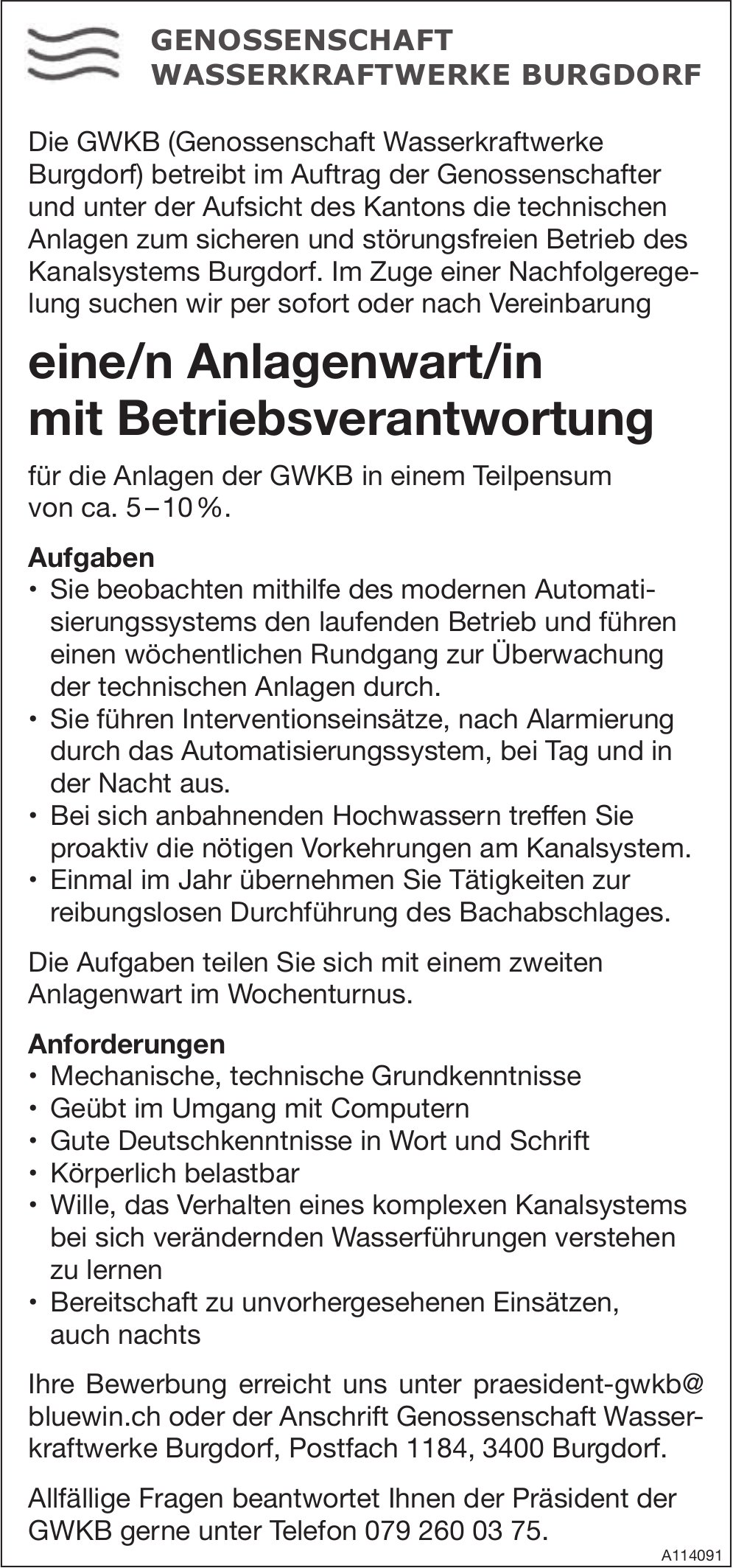 Anlagenwart/in mit Betriebsverantwortung, GWKB Genossenschaft Wasserkraftwerke, Burgdorf, gesucht