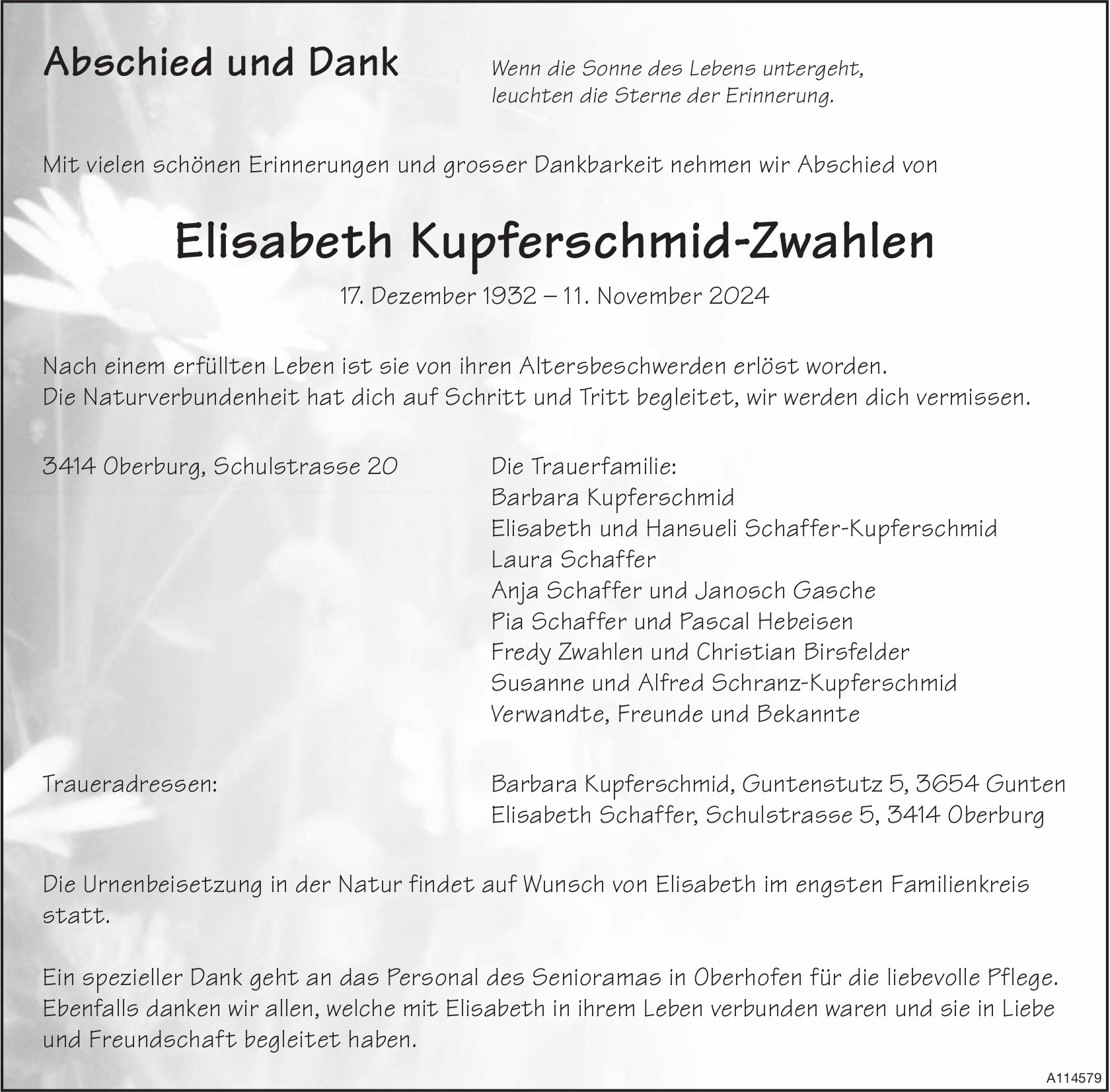 Kupferschmid-Zwahlen Elisabeth, im November 2024 / TA + DS