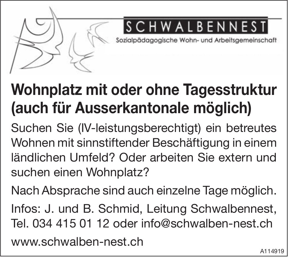 Wohnplatz mit oder ohne Tagesstruktur (auch für Ausserkantonale möglich), Schwalben Nest, gesucht