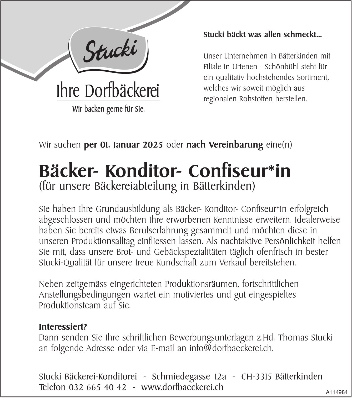 Bäcker- Konditor- Confiseur*in, Stucki Bäckerei-Konditorei, Bätterkinden, gesucht