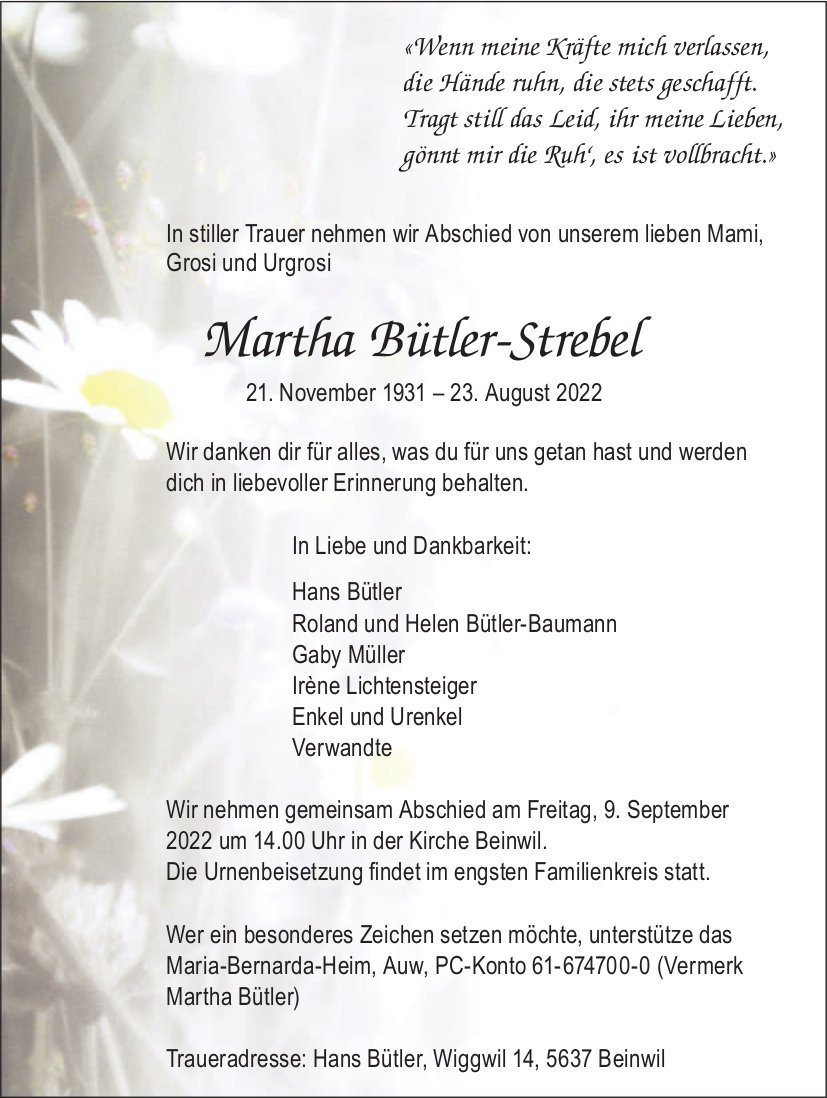Bütler-Strebel Martha, August 2022 / TA