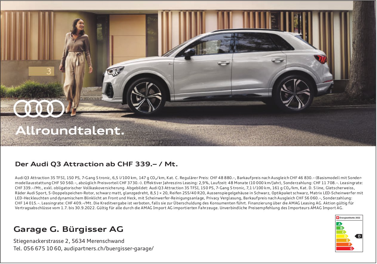 Garage G. Bürgisser AG, Merenschwand - Der Audi Q3 Attraction ab Chf 339.–/Mt.