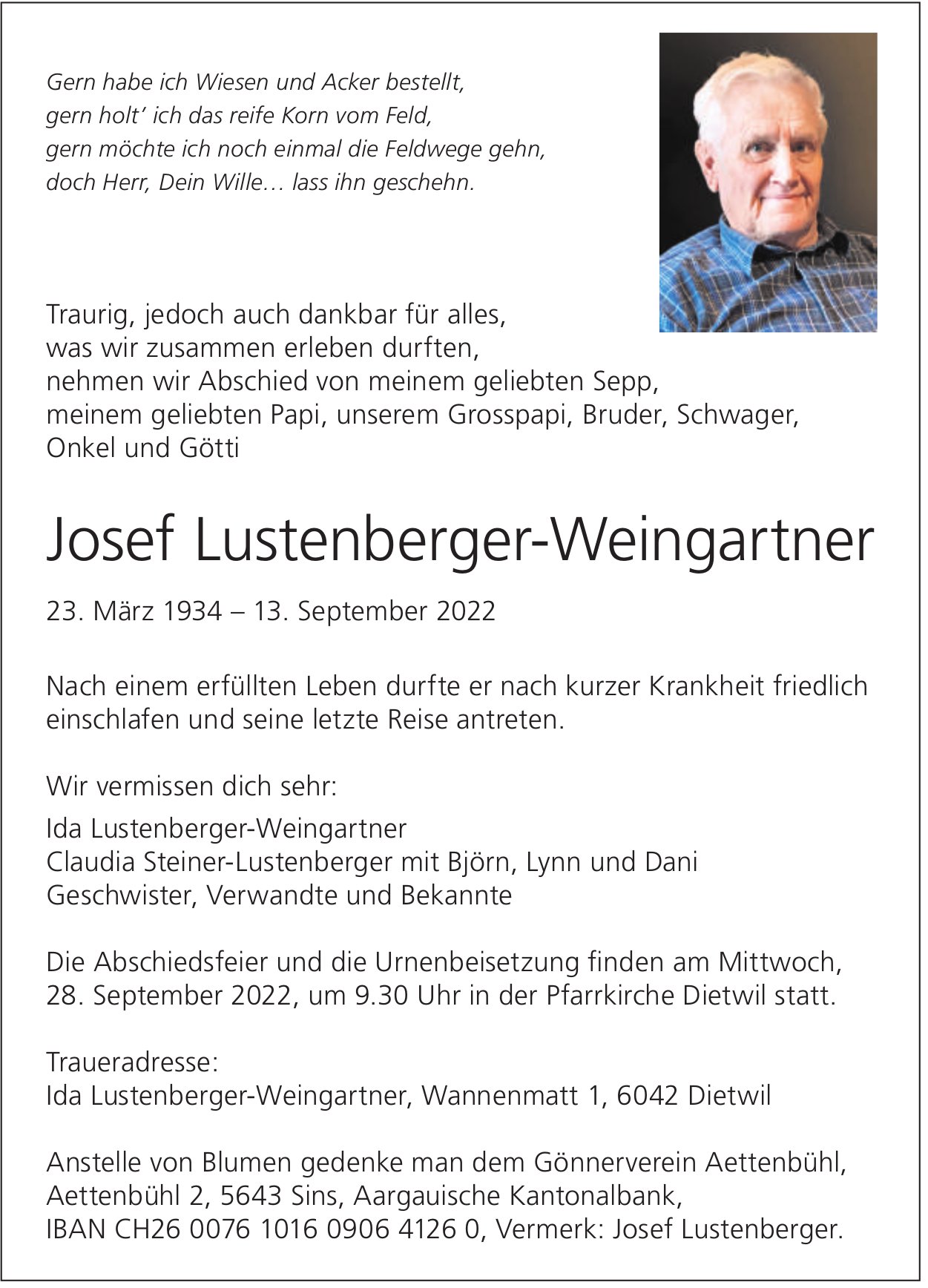 Lustenberger-Weingartner Josef, September 2022 / TA
