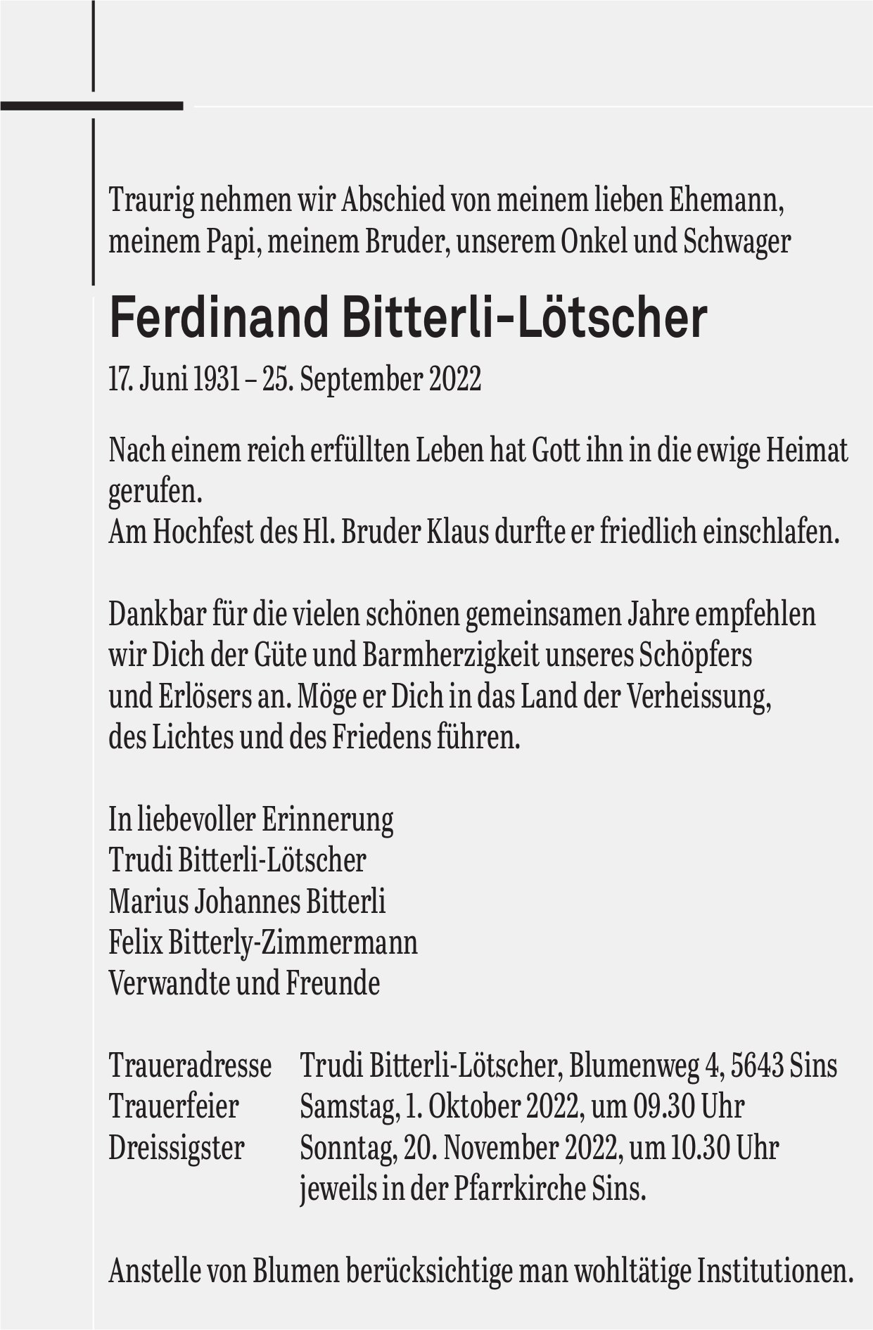 Bitterli-Lötscher Ferdinand, September 2022 / TA