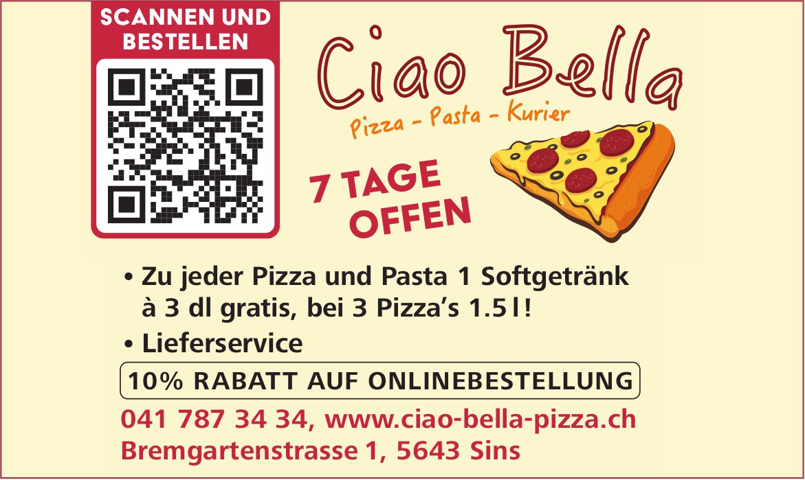 Ciao Bella Pizza, Sins - Pizza Pasta Kurier